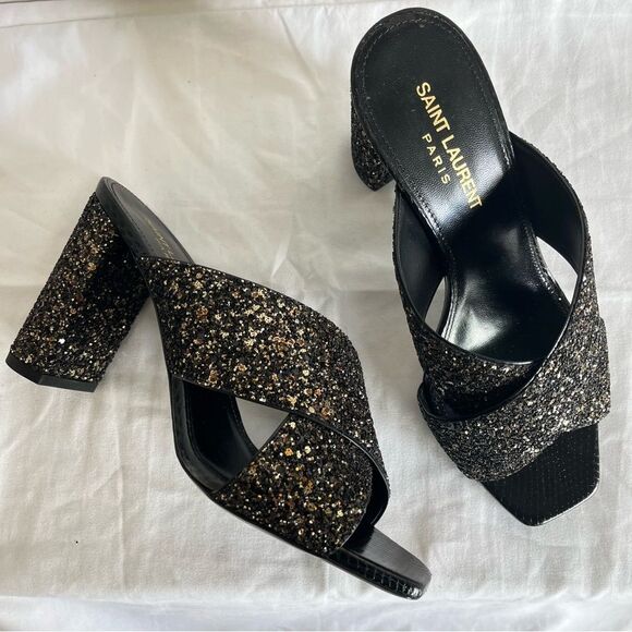 NEW | SAINT LAURENT Glitter YSL Shimmer Lou Lou 95 Sanda Midnight Nero Sz. 37.5 - Picture 3 of 12